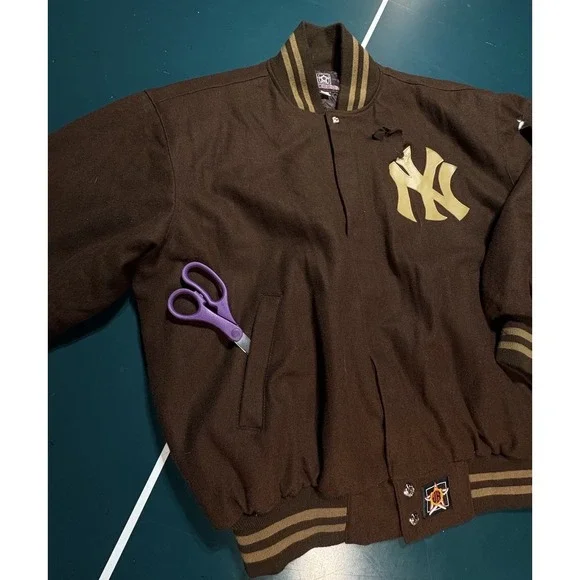 Vintage 90s Jeff Hamilton New York Yankees Wool Bomber Jacket Brown Large Flaws*